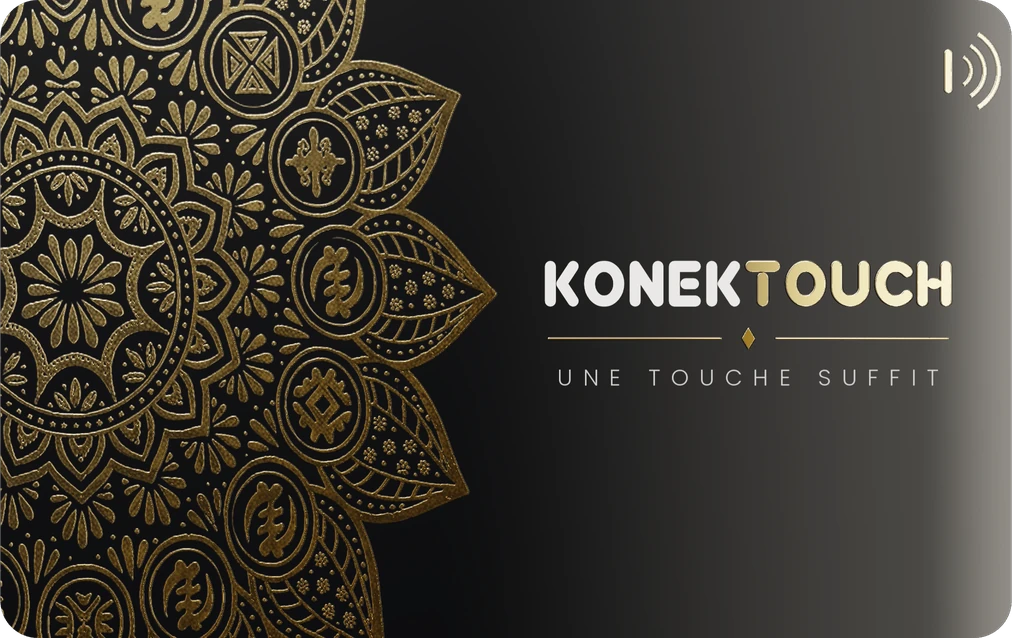Recto de la carte Konektouch : noir et or, « Une touche suffit »
